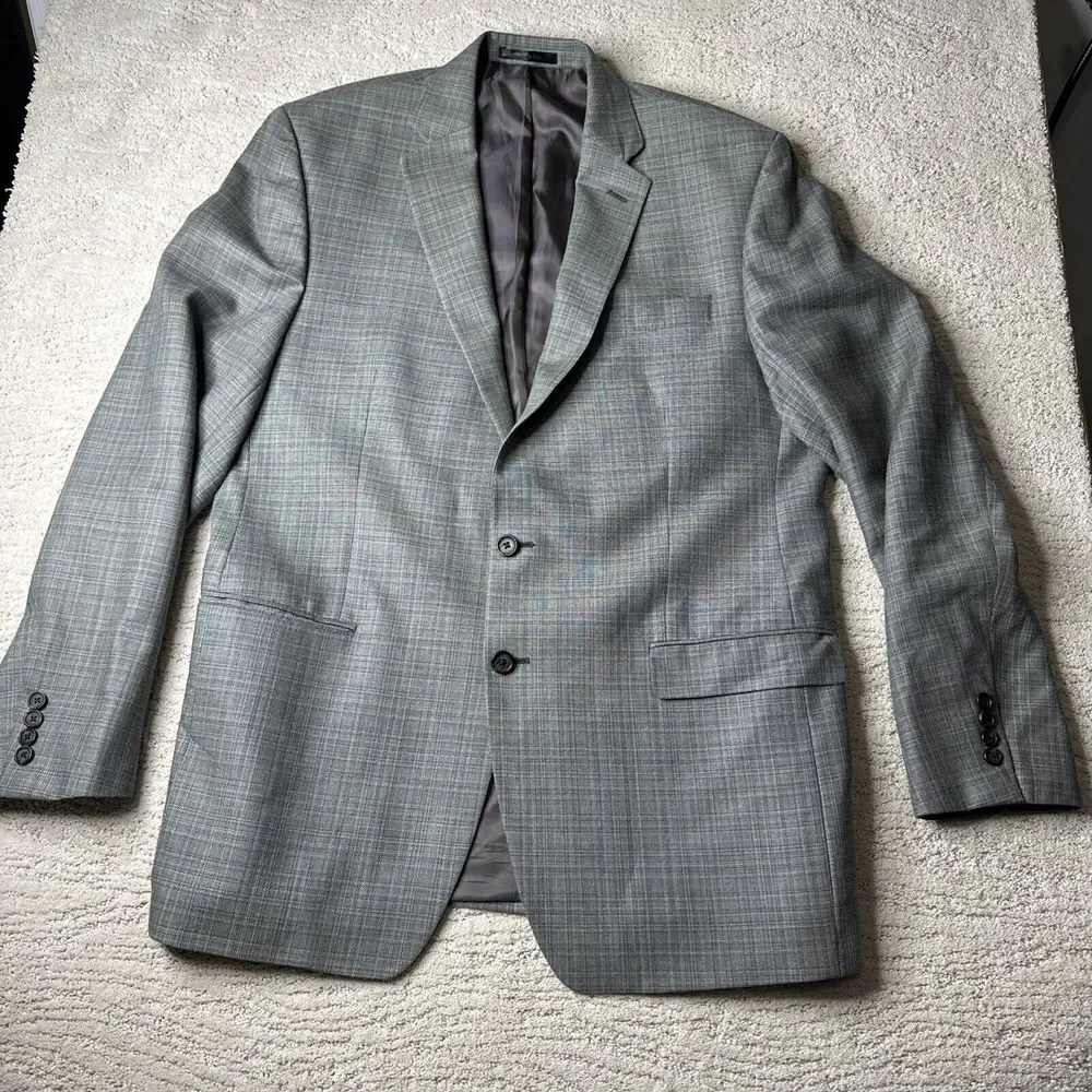 Men's Lauren Ralph Lauren 44L Grey Plaid Silk Wool Blend Suit Jacket Blazer Coat